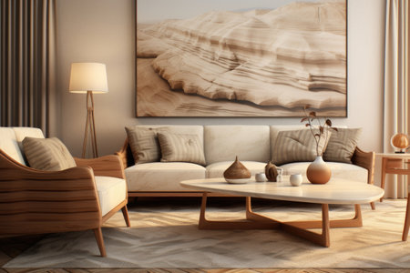 Rustic living room with modern furniture and colorful art mural in crystalline and geological styleの素材