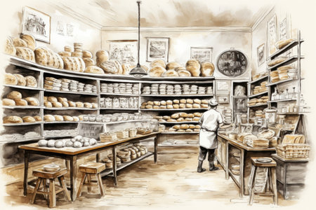 Artisan baker preparing fresh bread and pastries in quaint bakery, showcasing local food productionの素材
