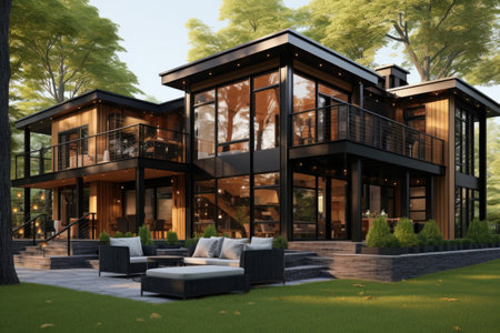 Elegant and spacious modern home surrounded by lush countryside during the beautiful spring seasonの素材