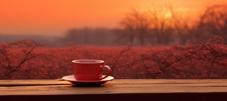 a cup of tea outdoors on wooden table, International Tea Day concept banner with free copy spaceの素材