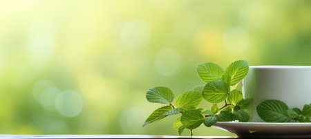 a cup of green tea on blurred green background, International Tea Day banner with free copy spaceの素材