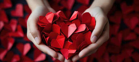 red paper cut hearts in womans hand as symbol of love and romance, St Valentine Day gift conceptの素材