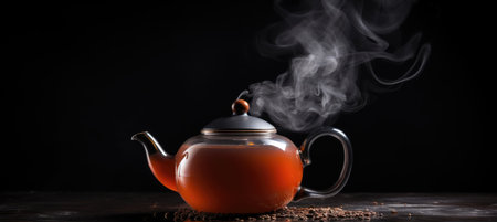 steaming tea and kettle, International Tea Day concept background with free copy spaceの素材