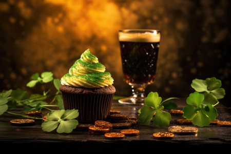 St Patrick day concept vibrant assortment of green colored food and drinks on a festive tableの素材