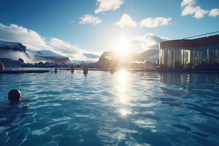 Serene geothermal thermal baths surrounded by beautiful sunlightの素材