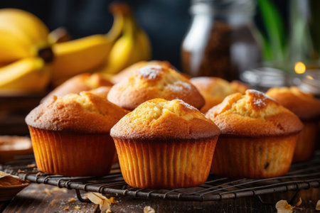 Delicious homemade bakery style banana muffins easy recipe concept for irresistible dessertsの素材