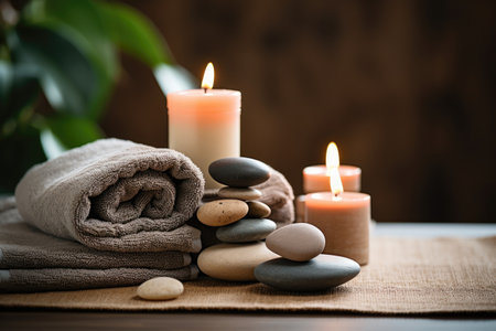 Relaxing spa concept sea stones balanced on wooden table with candle, towel, and space for textの素材