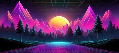 Retro futuristic illustration with glowing grids, pixelated landscapes, and stylized laser beamsの素材