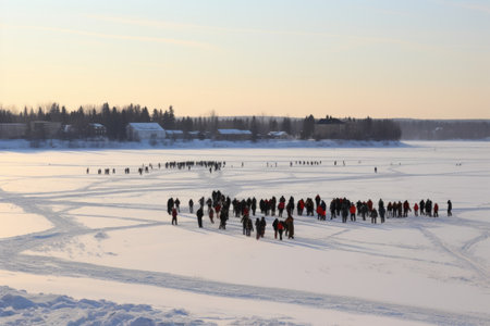 Happy group of diverse people engaged in exciting winter activities in a breathtaking snowy fieldの素材