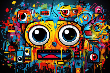 Lively and captivating cartoon sticker background adorned with vibrant graffiti artistryの素材