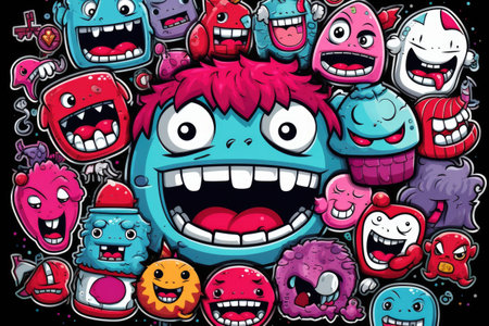 Vibrant cartoon sticker background adorned with an array of colorful graffiti art masterpiecesの素材