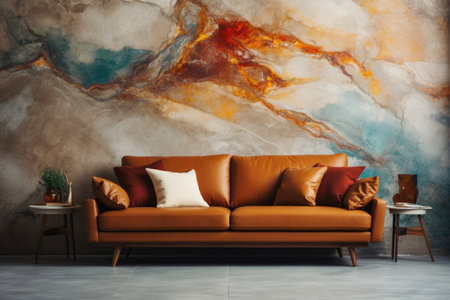 Rustic living room with modern furniture and colorful art mural in crystalline style.の素材