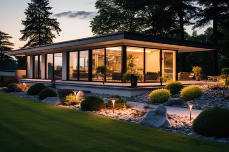 Luxurious modern home nestled in the serene countryside during the enchanting season of springの素材