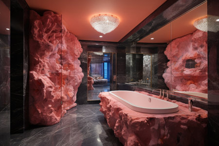 Luxurious peach fuzz modern bathroom with elegant finishes, lavish materials, and statement piecesの素材