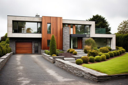 Modern countryside home with stunning architecture surrounded by blooming spring landscapeの素材
