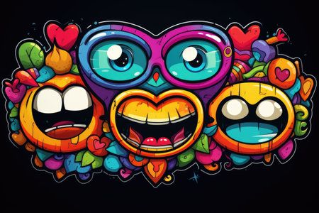 Dynamic cartoon sticker background with vibrant graffiti art and urban inspired elementsの素材