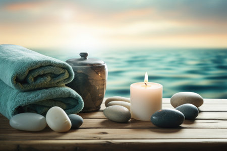 Zen spa still life with balanced sea stones, candle, and towel on wooden table, relaxation conceptの素材