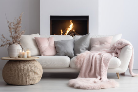 White sofa with pink pillows and fur and woolen blankets near the fireplaceの素材