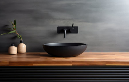 Stylish black vessel sink and faucet on wall mounted wooden elementsの素材