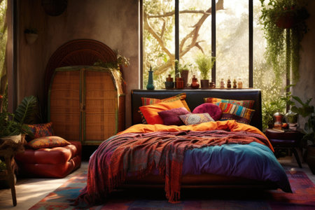 Bohemian style bedroom with big bed and panoramic windowの素材