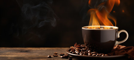 International Coffee Day. Cup of Coffee with Smoke, Aromatic Beans, and Copy Space for Bannerの素材