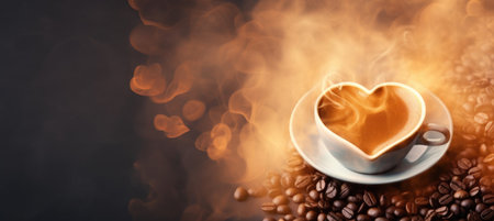 coffee in heart shape cup with smoke and coffee beans, International Coffee Day concept, copy spaceの素材