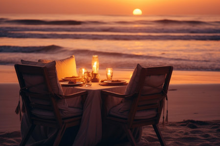Exquisite and romantic candlelit beach dinner at a luxury resort with a breathtaking sunset sea viewの素材