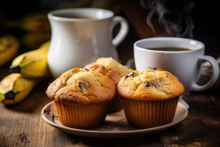 Scrumptious homemade banana muffins with a cup of tea on a cozy table against a rustic backgroundの素材