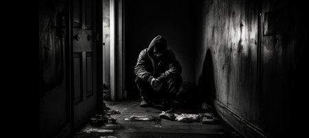 poor homeless beggar sitting on pathway floor in suffering of unemployment asking for helpの素材