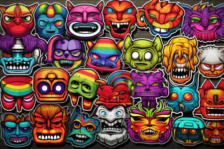 Vibrant and playful cartoon sticker background adorned with eye catching graffiti artの素材