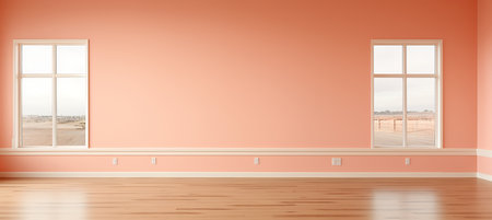 Peach Color Empty Wall and Wooden Floor with Sunlight Glare from Window, Interior Design Backgroundの素材
