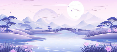 Vibrant retro wave background pattern with asian nature elements and geometric shapesの素材