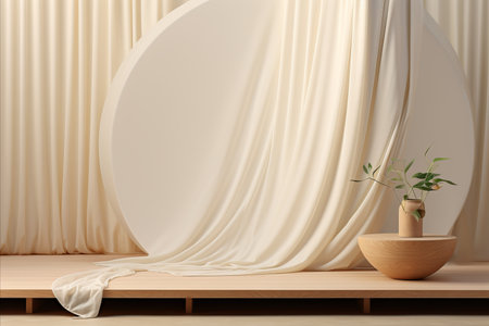 Modern Wooden Podium Side Table with Soft White Blowing Drapery Curtain Drapes in Sunlightの素材