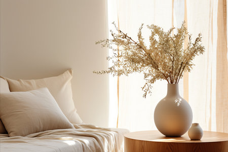 Chic Mediterranean Home. Textured Vase with Olive Tree Branches on table at the bed areaの素材
