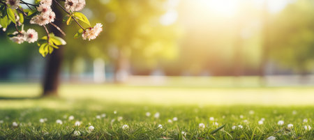 Tranquil Spring Nature. Beautiful Blurred Landscape with Neat Lawn and Trees on Sunny Dayの素材