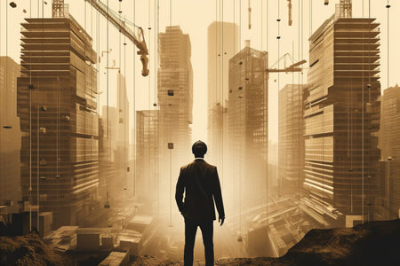 Double Exposure Graphic Design Showcasing Building Construction Engineering Expertise and Innovationの素材