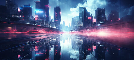Retro futuristic cityscape vintage touch, futuristic skyscrapers, retro cars, neon signsの素材