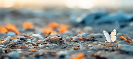 Close-up of a Colorful Butterfly Resting on Sandy Beach with Copy Space for Text and Designsの素材