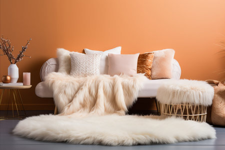 Modern Bright Room with White Sofa and Peach Fuzz Color Pillows and Elegant Decor Elementsの素材