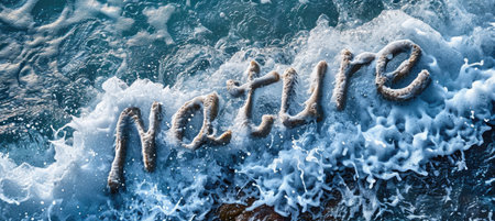 The word Nature formed by sea waves, water, and foam against a textured sea background, seen from aboveの素材