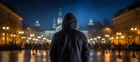 Mysterious masked individual in eerie black hoodie, lurking in the dimly lit urban cityscapeの素材