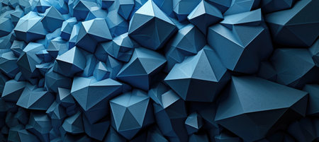 Deep blue-toned textured wallpaper exhibits 3D octahedral elementsの素材