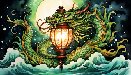 Watercolor Cartoon of Glowing Moon Lantern and Dragon Mural for Lunar New Year Celebrationの素材