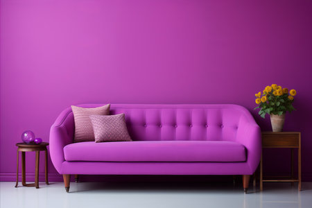 Modern magenta living room interior with trendy wall and comfortable soft sofa in vibrant colorsの素材