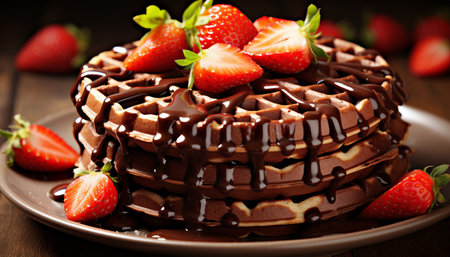 Comforting belgian chocolate waffles with fresh strawberries, ideal breakfast to start your dayの素材