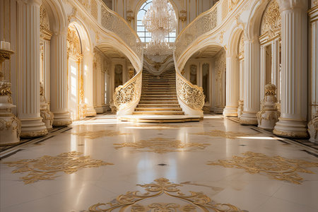 Opulent peach fuzz colored modern entrance hall with high end finishes and luxurious design elementsの素材