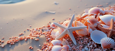 Vibrant peach fuzz and delicate coral seashells artfully arranged on a pristine sandy beachの素材