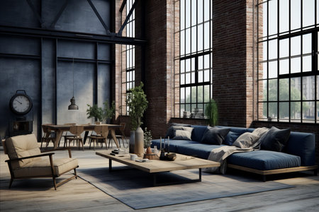 Urban loft living room with dark blue color scheme and industrial elements for an urban ambianceの素材
