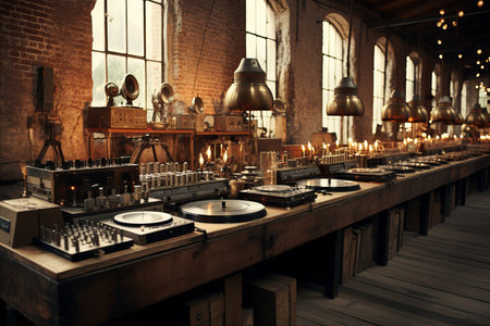 Vintage vinyl bar in industrial loft with turntable, musical artifacts, and brick wallsの素材