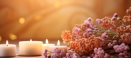 Scented aromatic candle and vibrant flower arrangement on table, offering generous free copy spaceの素材